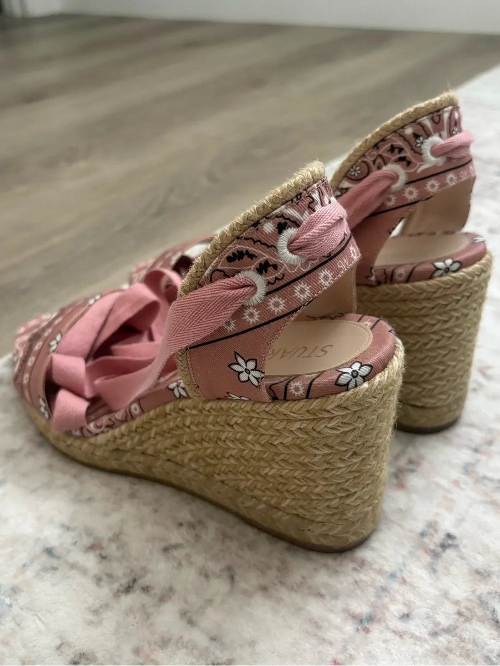 STUART WEITZMAN, Authentic Illeana Lace Up Wedges, Pink Paisley Bandana Print - Picture 4 of 7